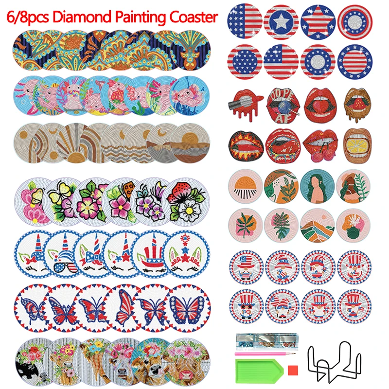 

6/8Pcs DIY Diamond Painting Wooden Coaster Animals Landcape Flower Drink Cup Cushion Diamond Embroidery Kit Kitchen Decor Gifts
