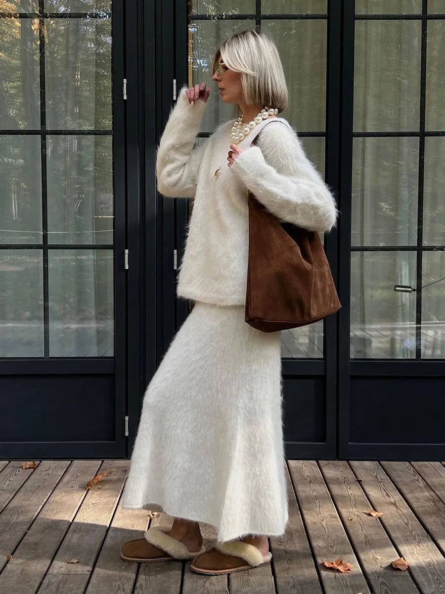 Bornlladies Winter Fashion Wool Knitted Streetwear 2-Piece Set Oversized Pullover High Waist Skirt Women Casual  Lounge Outfit