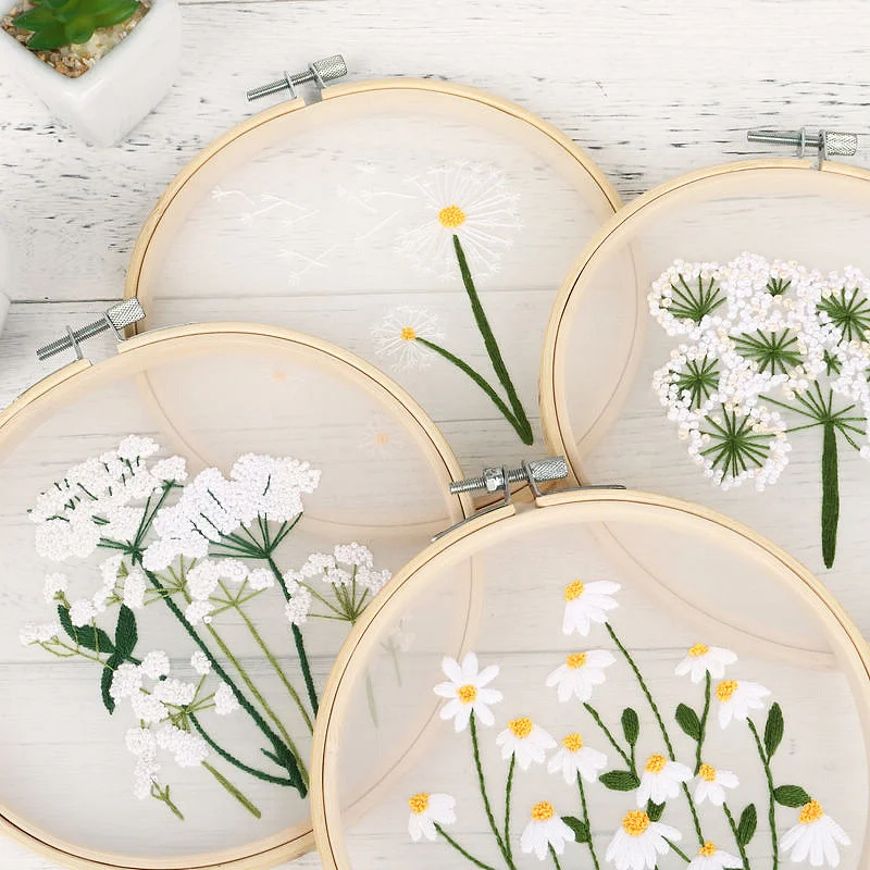 embroidery set DIY embroidery white flowers plants pattern starter kit cross stitch needlework tools handmade craft