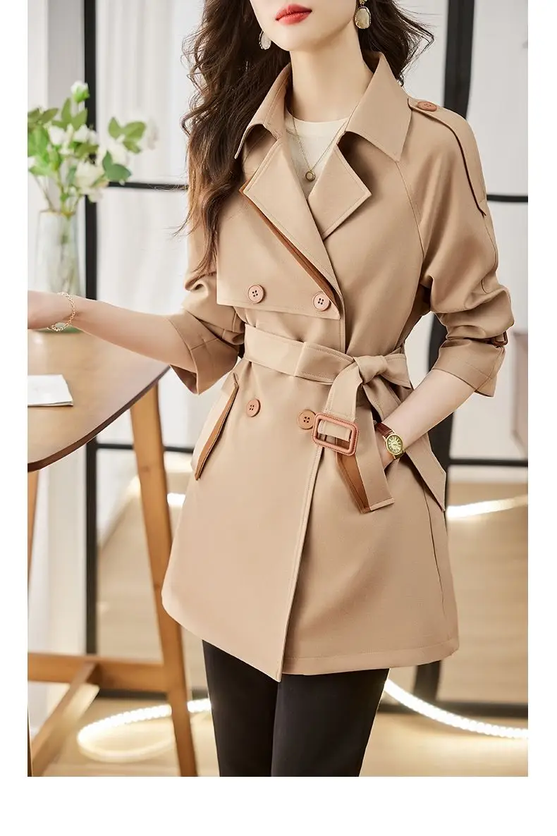 Solid Mid length Trench for Women Fall Winter 2023 New Vintage Turn Down Collar Long Sleeve Jacket Loose Double Breasted Coat