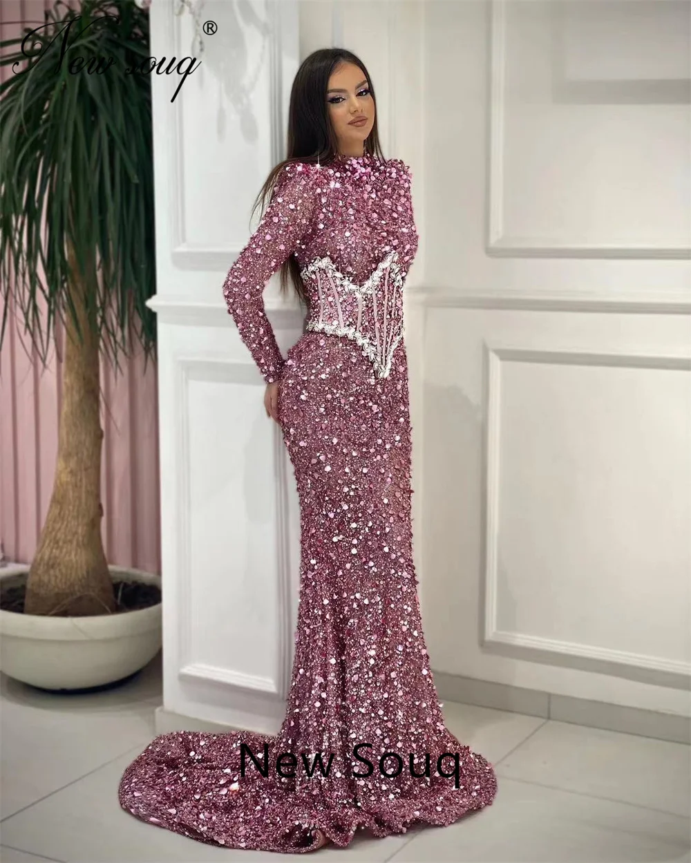 

Middle East Diamonds Mermaid Prom Dresses High Neck Long Sleeves Pageant Wedding Guest Dress Dubai Couture Prom Party Dress 2023