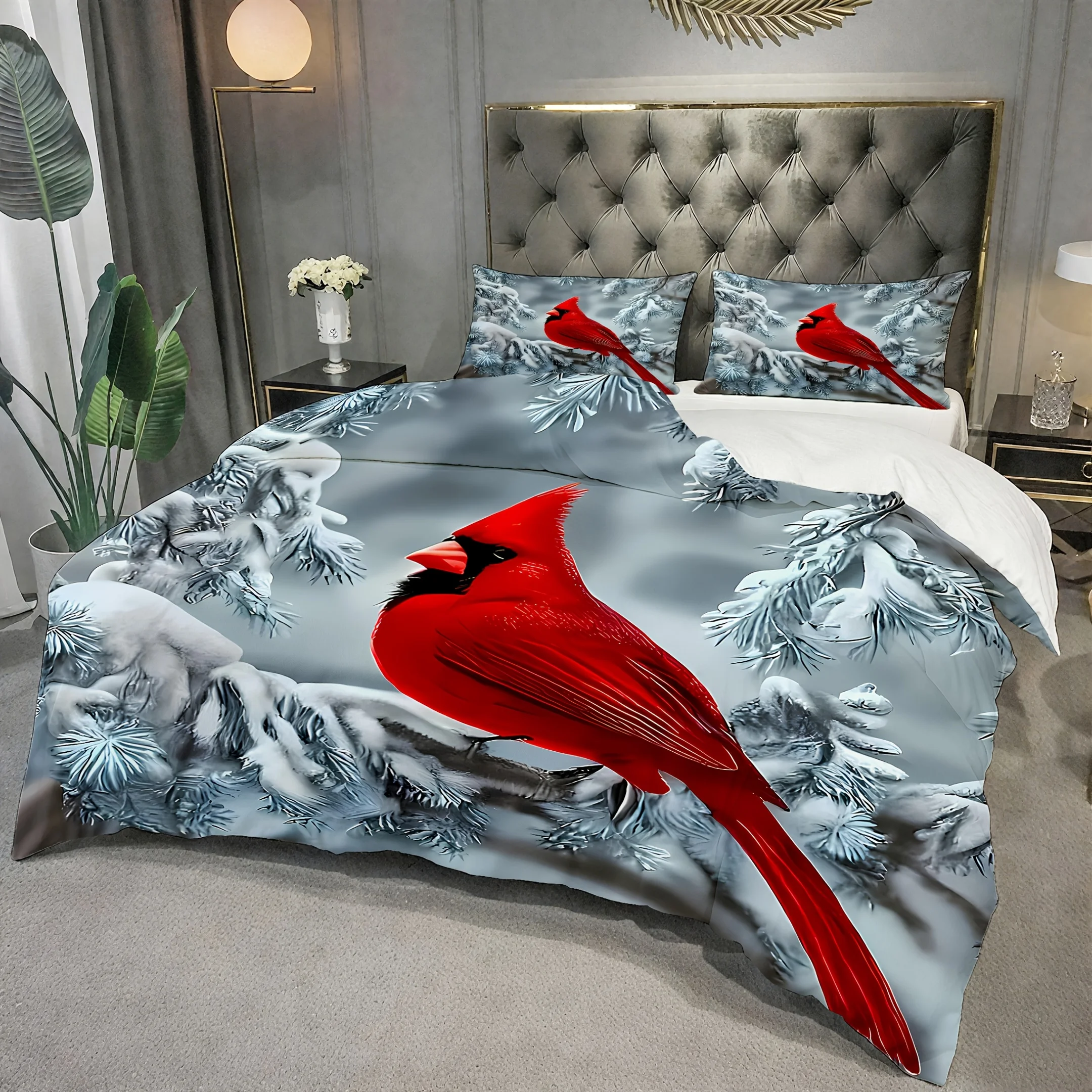 3Pcs Red Bird Winter Snow Duvet Cover Set, Ultra Soft Comfortable Breathable Bedding with Pillowcases, Animal Theme for Bedroom