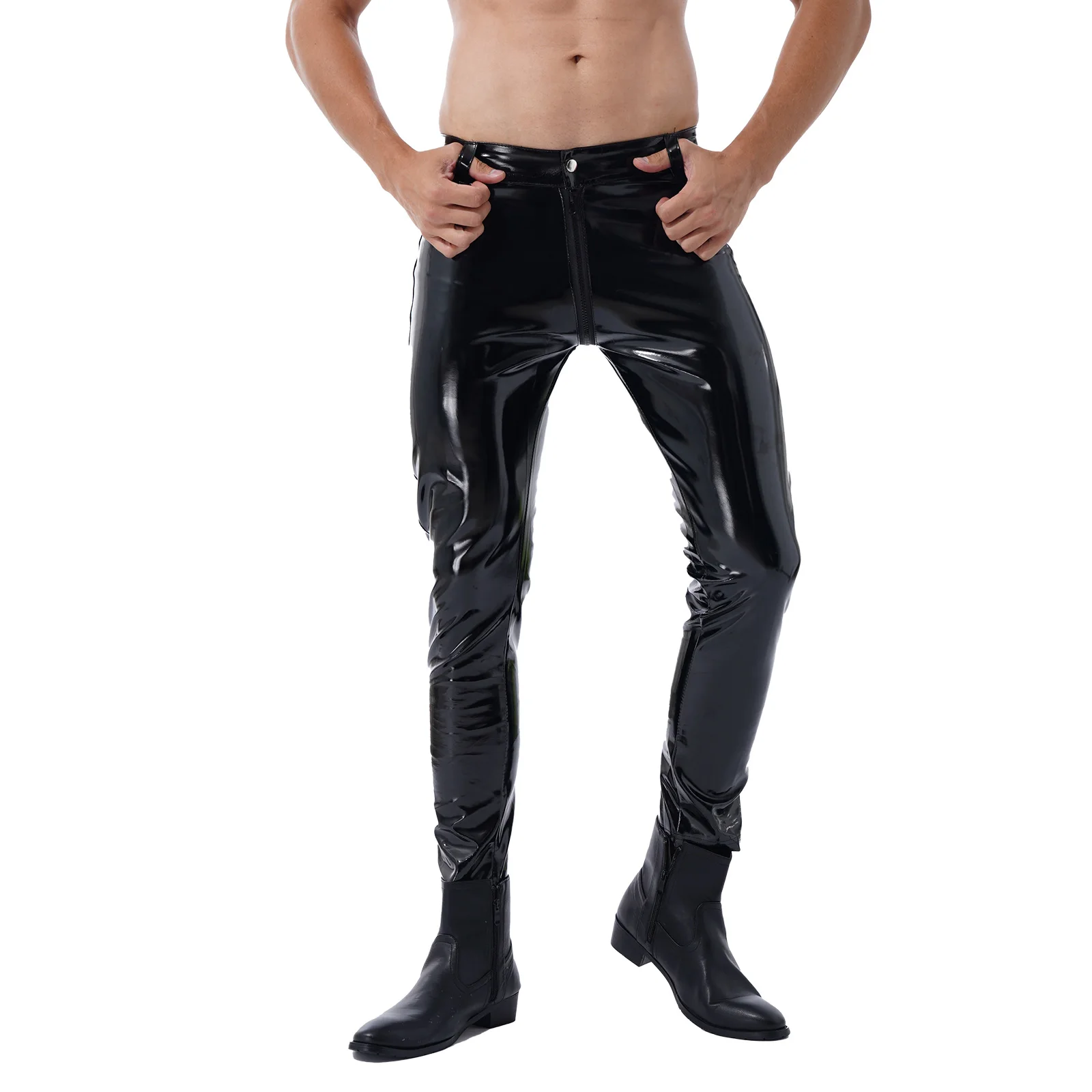 Mens Lingerie Crotchless Pants Patent Leather Zipper Nightclub Bar Stage Performance Costumes Wet Look Open Crotch Sexy Trousers