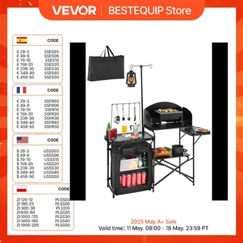 VEVOR Tavolo da Cucina da Campeggio all'Aperto, Stazione di Cottura Portatile in Alluminio con Armadio Portaoggetti, Borsa per Trasporto, Parabrezza Staccabile, per Barbecue, Festa, Picnic, Nero 1