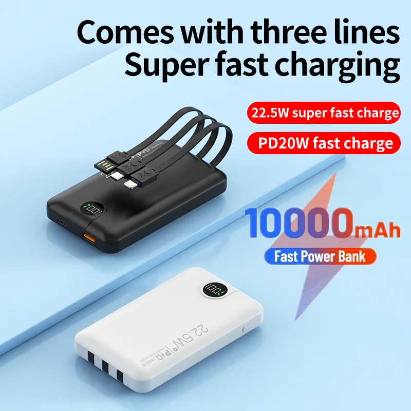 

Power Bank 10000mAh Built in Cable Mini PowerBank External Battery Portable Charger For iPhone Samsung Xiaomi Spare Power Banks