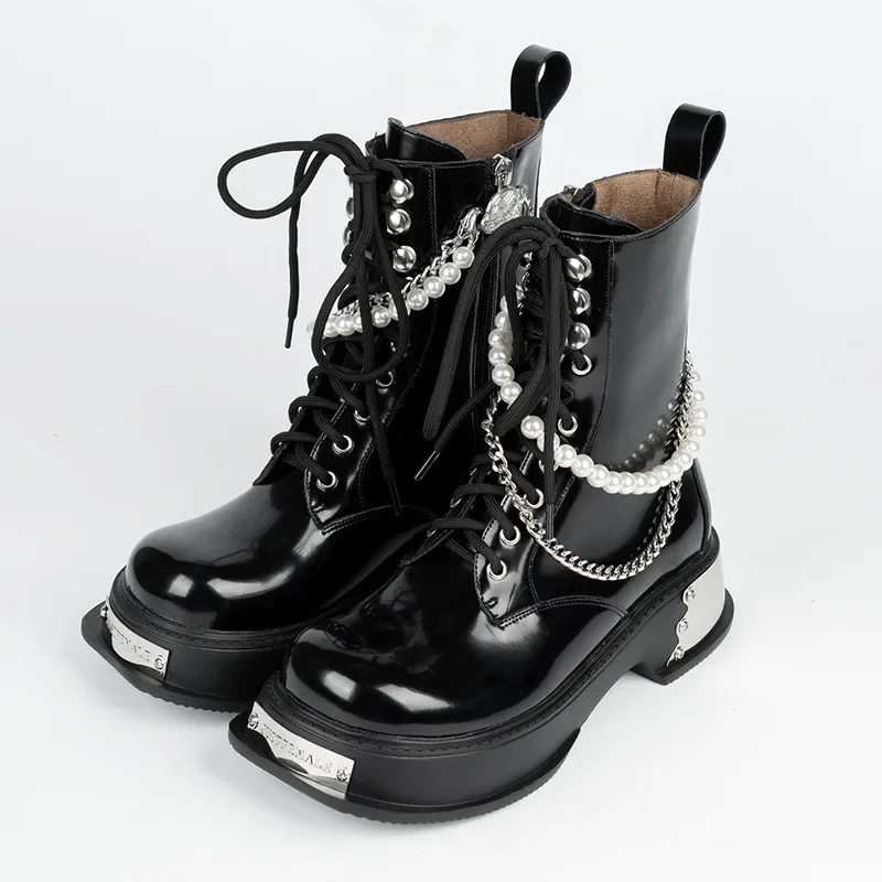 

2023 New Spring/Fall Ladies High Street New Trend Designer Metal High-heeled Lace-up Thick Soled Dark Biker Boots