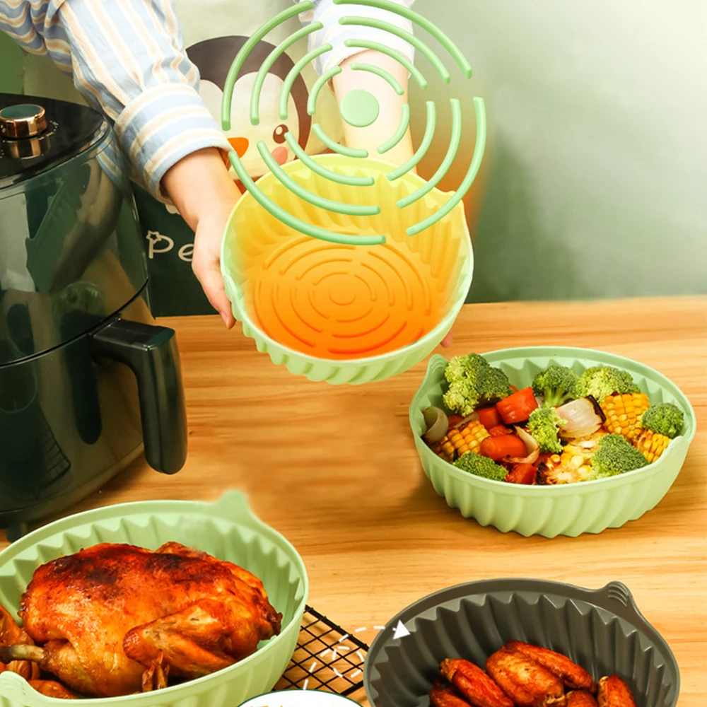 Air Fryer Silicone Baking Tray with Scraper Brush Reusable Basket Mat