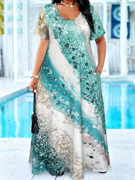 Plus Size Teal Abstract Floral Print Maxi Dress Summer Casual Short Sleeve Loose A Line Long Sundress,Flowy Long Casual Sundress