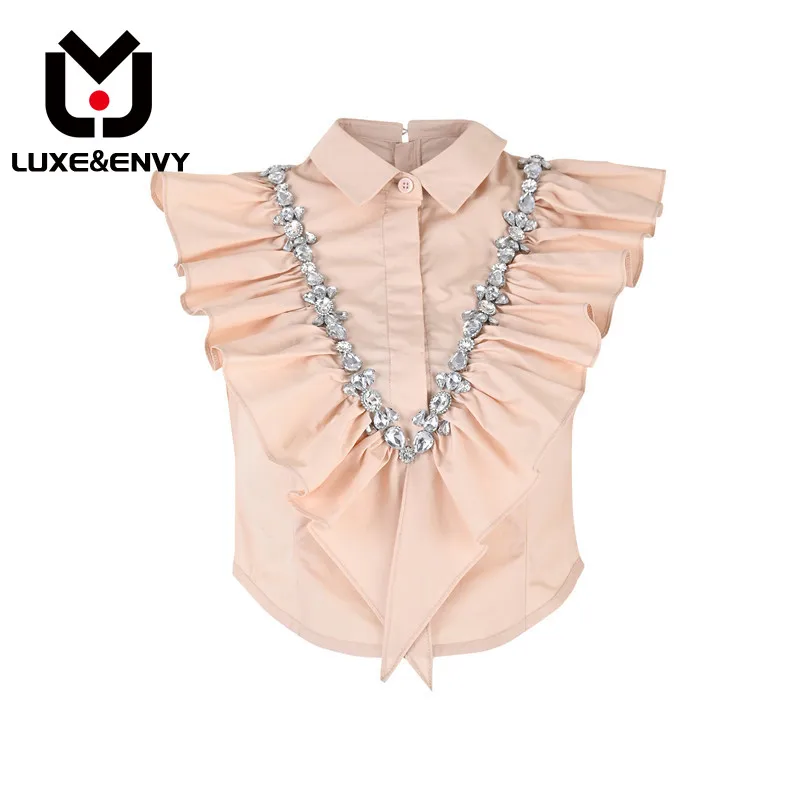 

LUXE&ENVY Small Fashion Set Women's Pink Diamonds Shirt High Waist Slim Ruffle Short 2Piece Set 2023 Summer