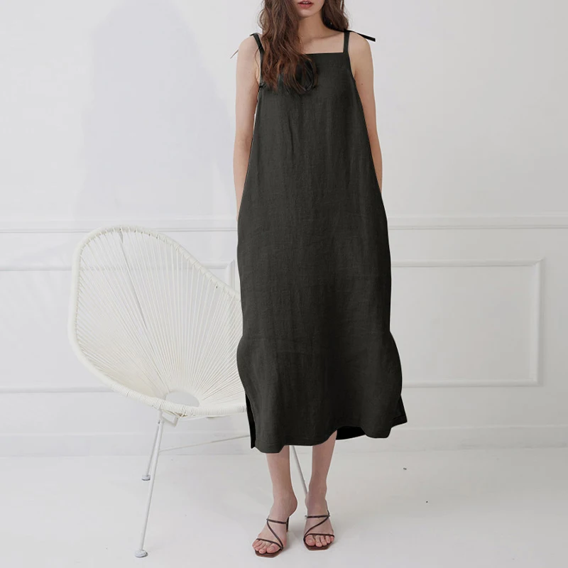 

2024 New 100% Linen Summer Dress Women Casual Sleeveless Open Side Long Dress Beach Sundress Vestidos Femininos Frete Grátis