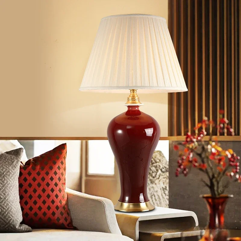 

Contemporary Red Ceramic Table Lamp White Fabric Lamps Shade Desk Light for Bedside Bedroom Living Room Home Office Decor Lampen