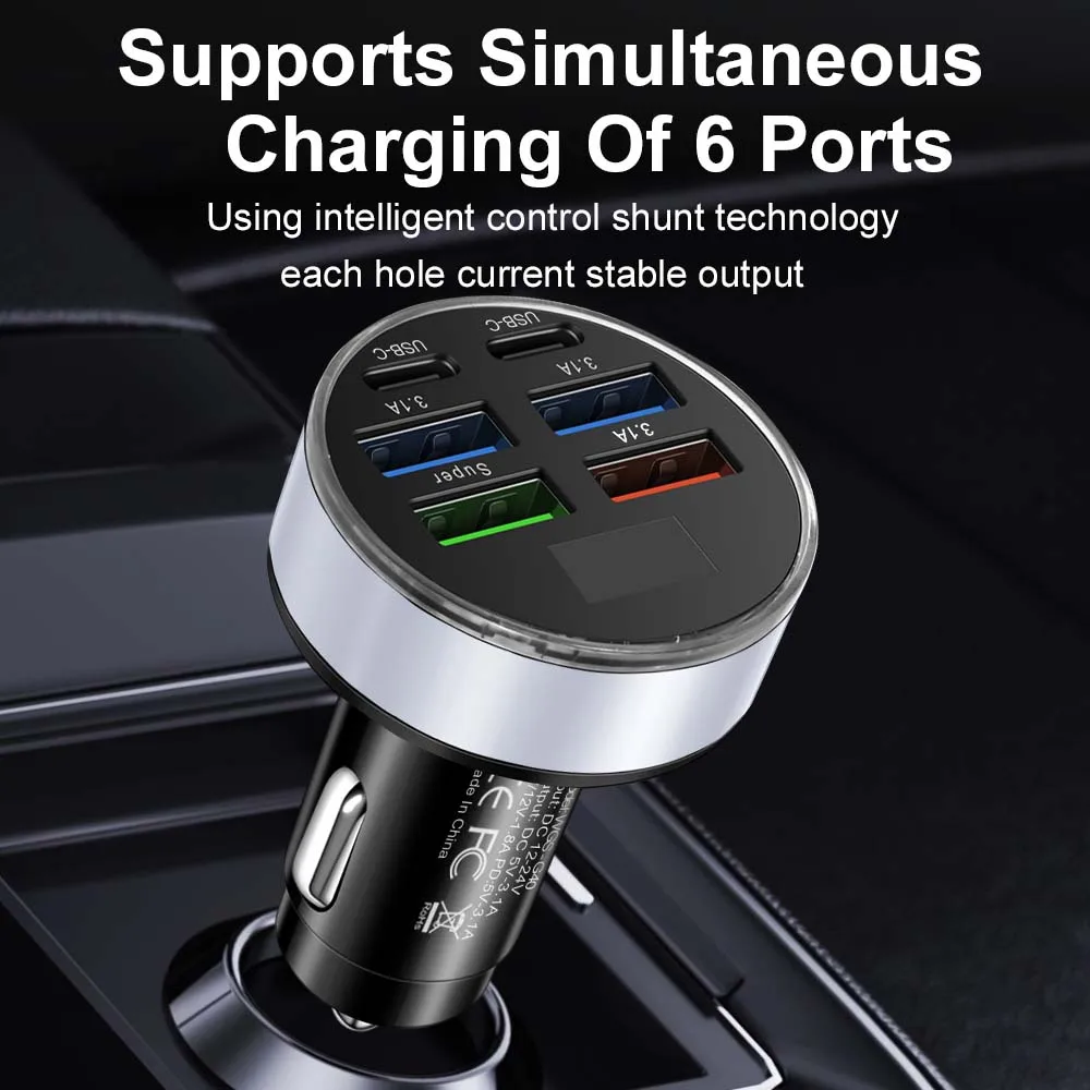 Total 150W USB C Car mobile phone Charger Adapter 4USB+2PD Super Fast Charge with Voltage Monitor for iPhone Samsung