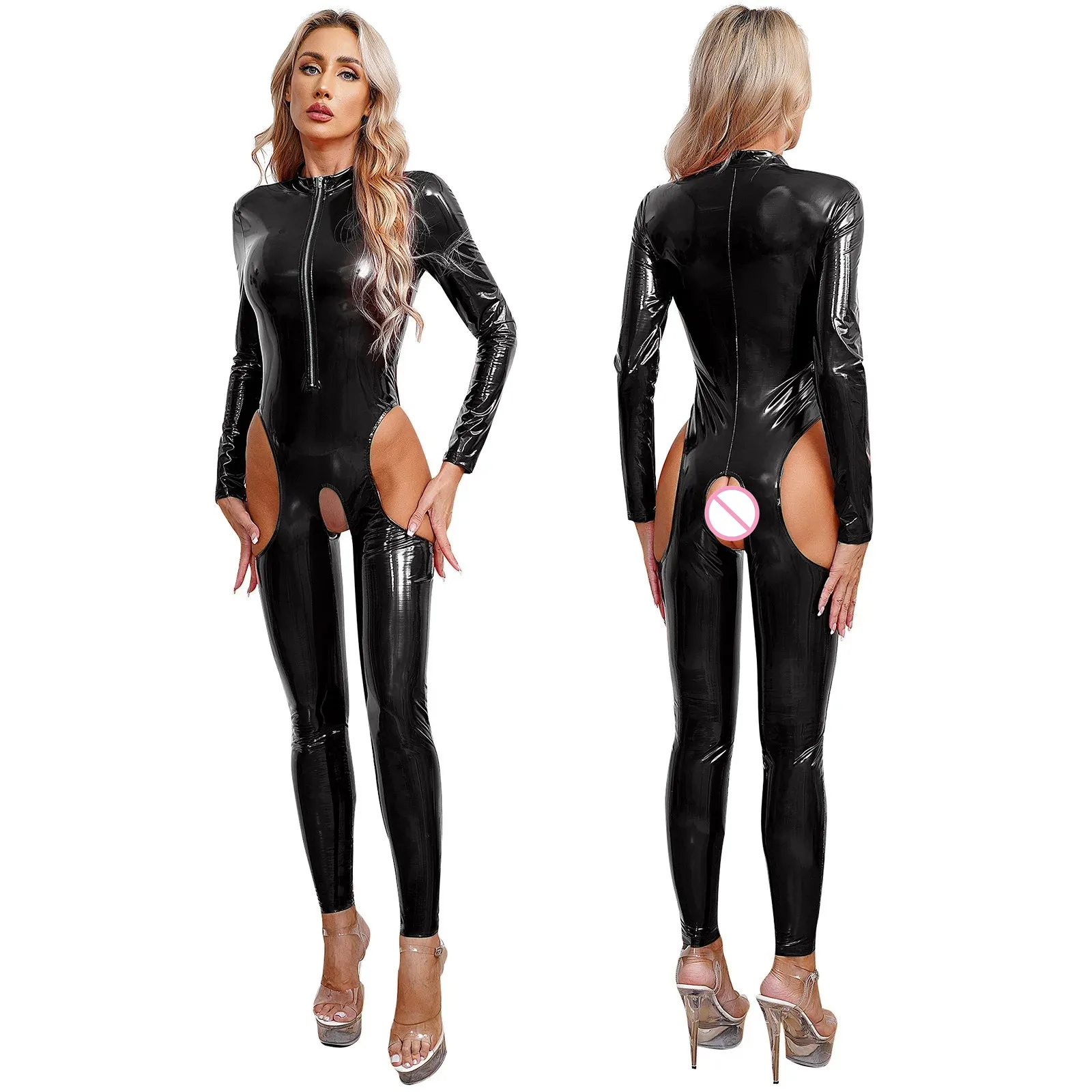 

Women's Lingerie Hot Wetlook Zipper Bodysuit Sexy Hollow Out Crotch Jumpsuit Long Sleeve Crotchless Catsuit Rave Dance Clubwear