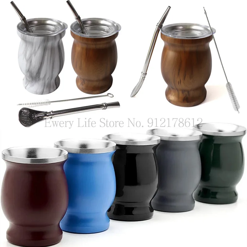 Yerba Mate Cup 230ML Yerba Mate Cup 304 Stainless Steel Double Wall Argentine Yerba Mate Gourd With Bombillas and Cleaning Brush Coffee Tea Mug