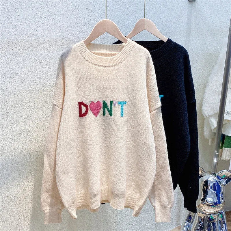 New 2022 Ladies Fashionable Sweater One Size Fits All Women Trendy Long Sleeve Pullover Knit Tops Sweater with Colorful Letters