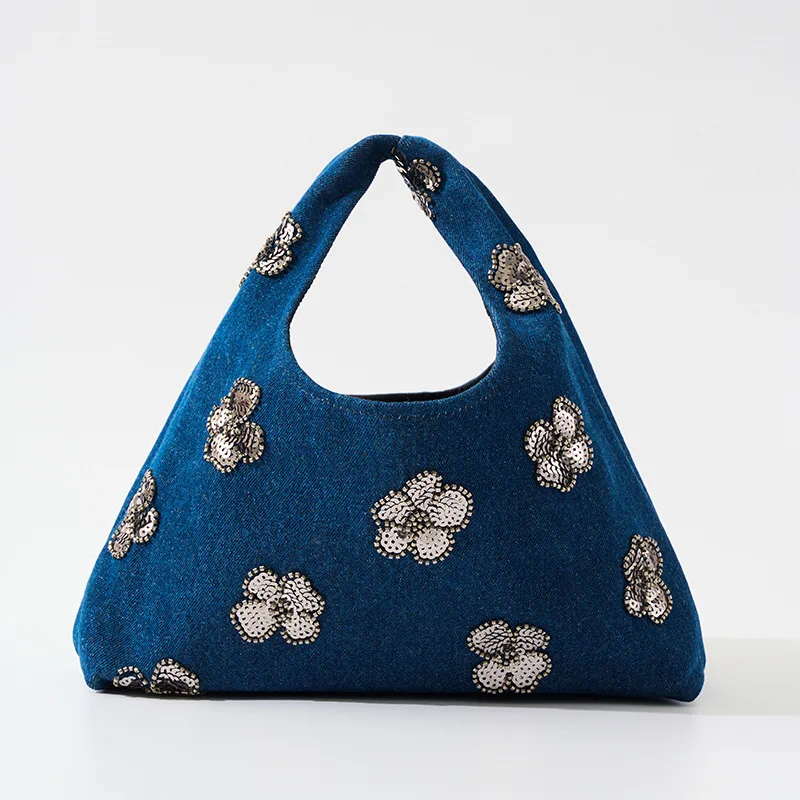 Creative Star Dream Denim Handbag Women's Tote Bag Glittering Floral Vintage Small Ladies Bag Soft Open Top Internal Structure