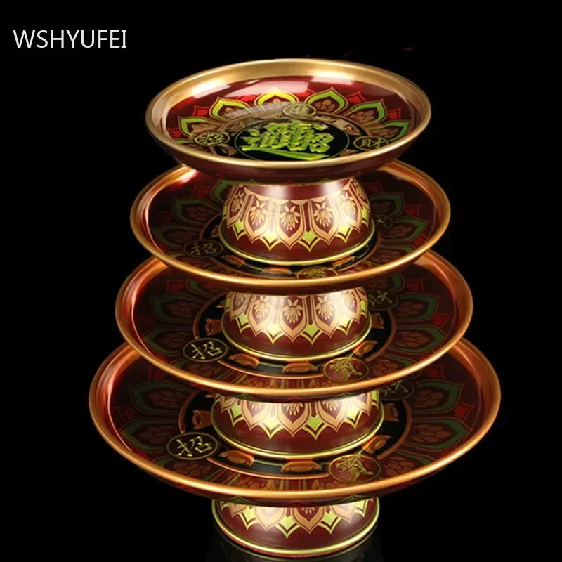 1pc Chinese Metal Fruit Dish Buddhist Supplies Tall Feet Tribute Plate Home Creativity Tray Decoration Buddha Hall Accessories