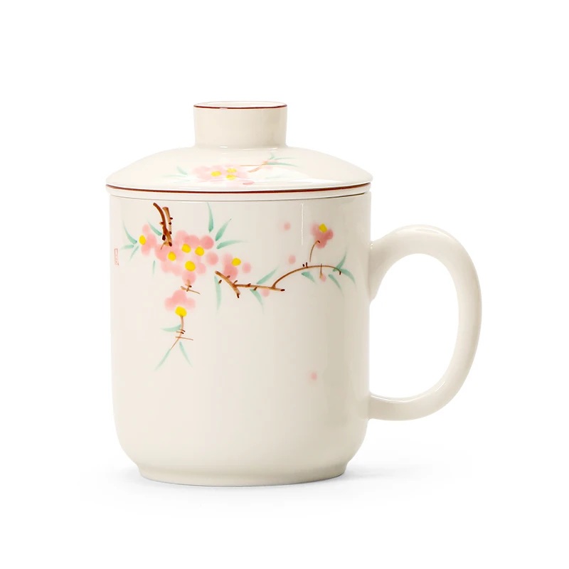 Chinese Style Ceramic Peach blossom pattern Mugs, Personal Office Creative Teacup With Cover, Filtered Tea Water Separation, 1Pc