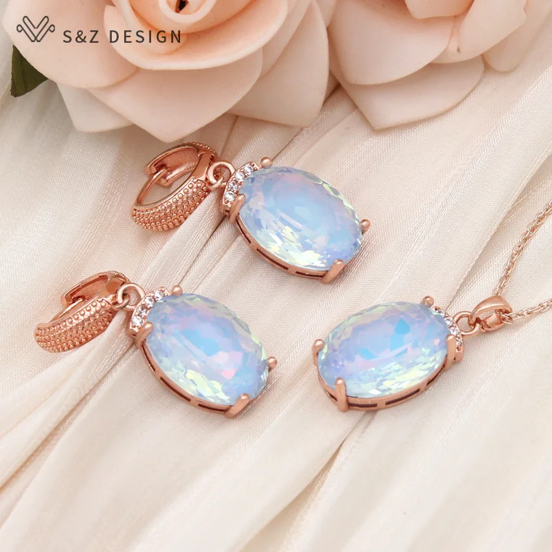 S&Z DESIGN New Fashion Egg Shape Oval Crystal Dangle Earrings Jewelry Sets For Women 585 Rose Gold Color Wedding Necklace Gift