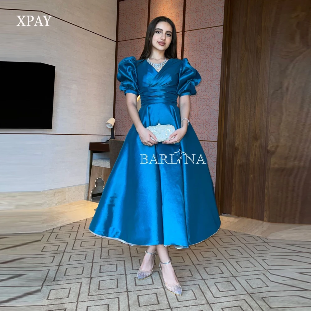 XPAY Vintage Blue Short Evening Party Dresses Saudi Arabic Women V Neck Puff Sleeves Tea length Prom Gowns Formal Birthday Party sevintage a line tea length short prom gowns black appliques lace women party dresses sheer v neck long sleeves evening dress