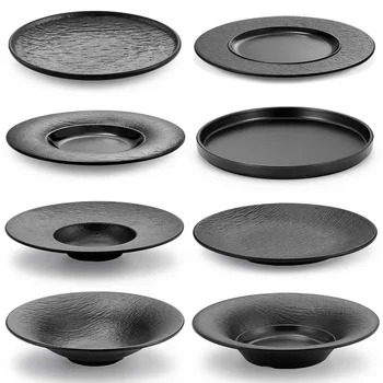 Black round Melamine Dish Western Style Plastic Imitation Porcelain Plate for Hot Pot Restaurant Steak Dinner Party Commercial U