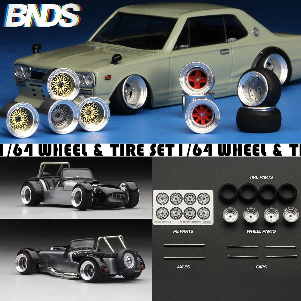 1:64 Scale Model Car Wheels Parts Alloy Wheel Rubber Tire Sets 