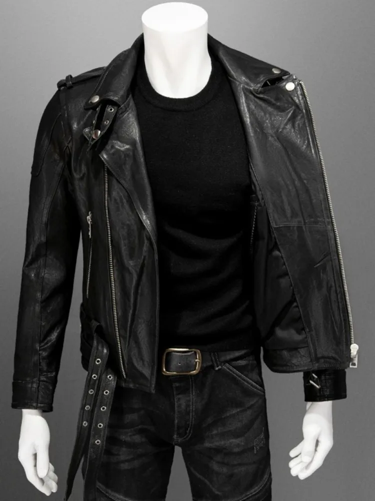 스트리트 펑크 스타일  가죽 자켓 남성용, 턴 다운 칼라 슬림 블랙 짧은 코트 지퍼 남성 양피 오토바이 자켓