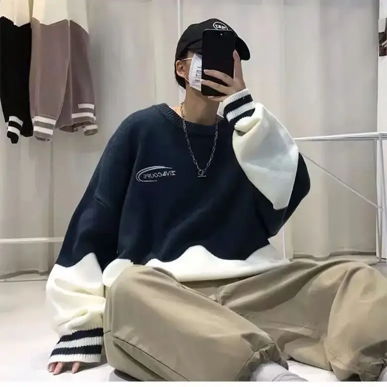 Fashion Solid Autumn Winter Loose Long Sleeve T-shirt Men Pullover Soft Solid Patchwork Two Color Milk Print Sweater Warm