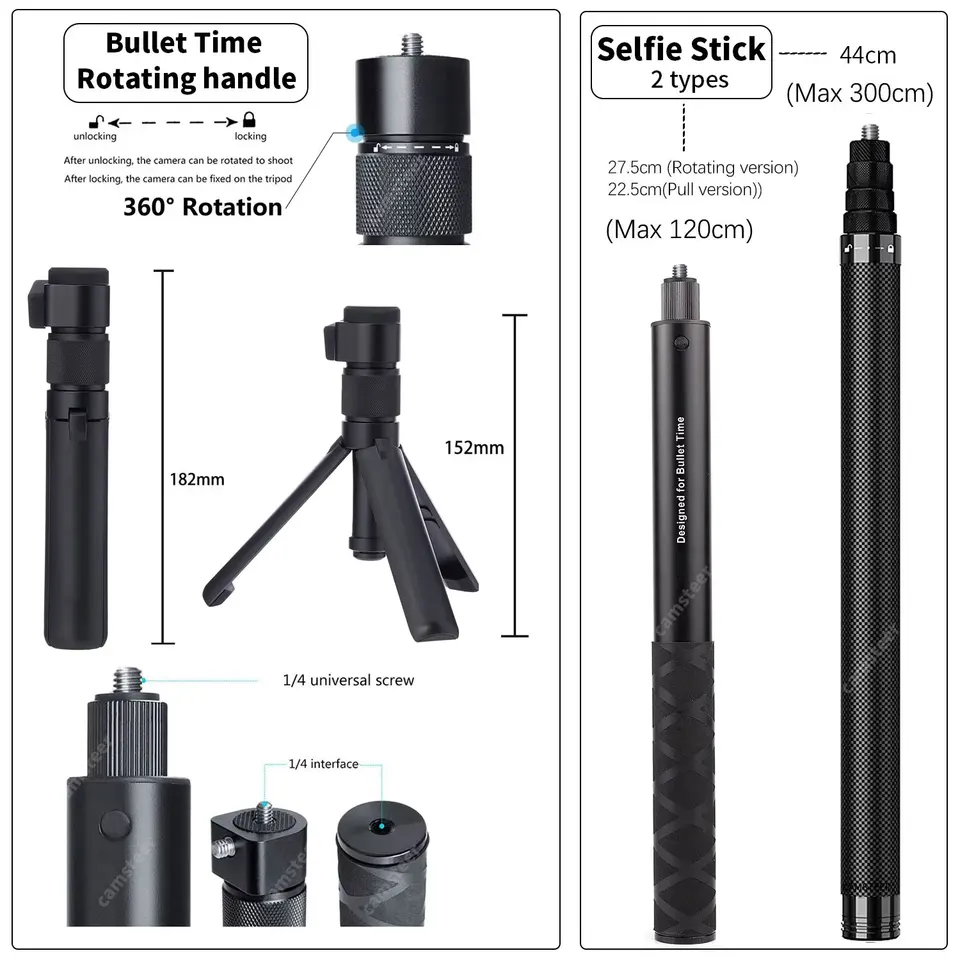 Bâton de Selfie Invisible 1.9m 79 pouces, temps de balle pour Insta 360