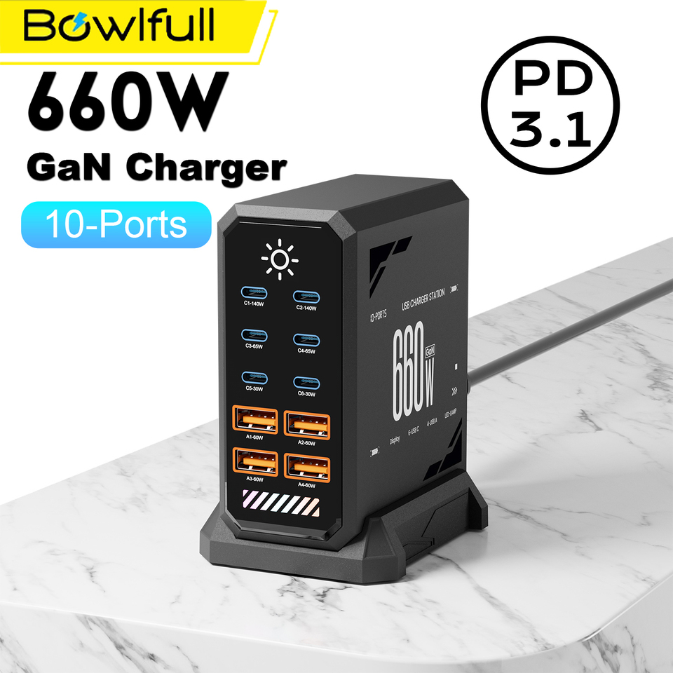 660W GaN USB C Charger Station 10 Port Fast Charger Type C PD3.1 PD3.0 PPS Quick Charger For Macbook Pro iPad iPhone 16 Samsung