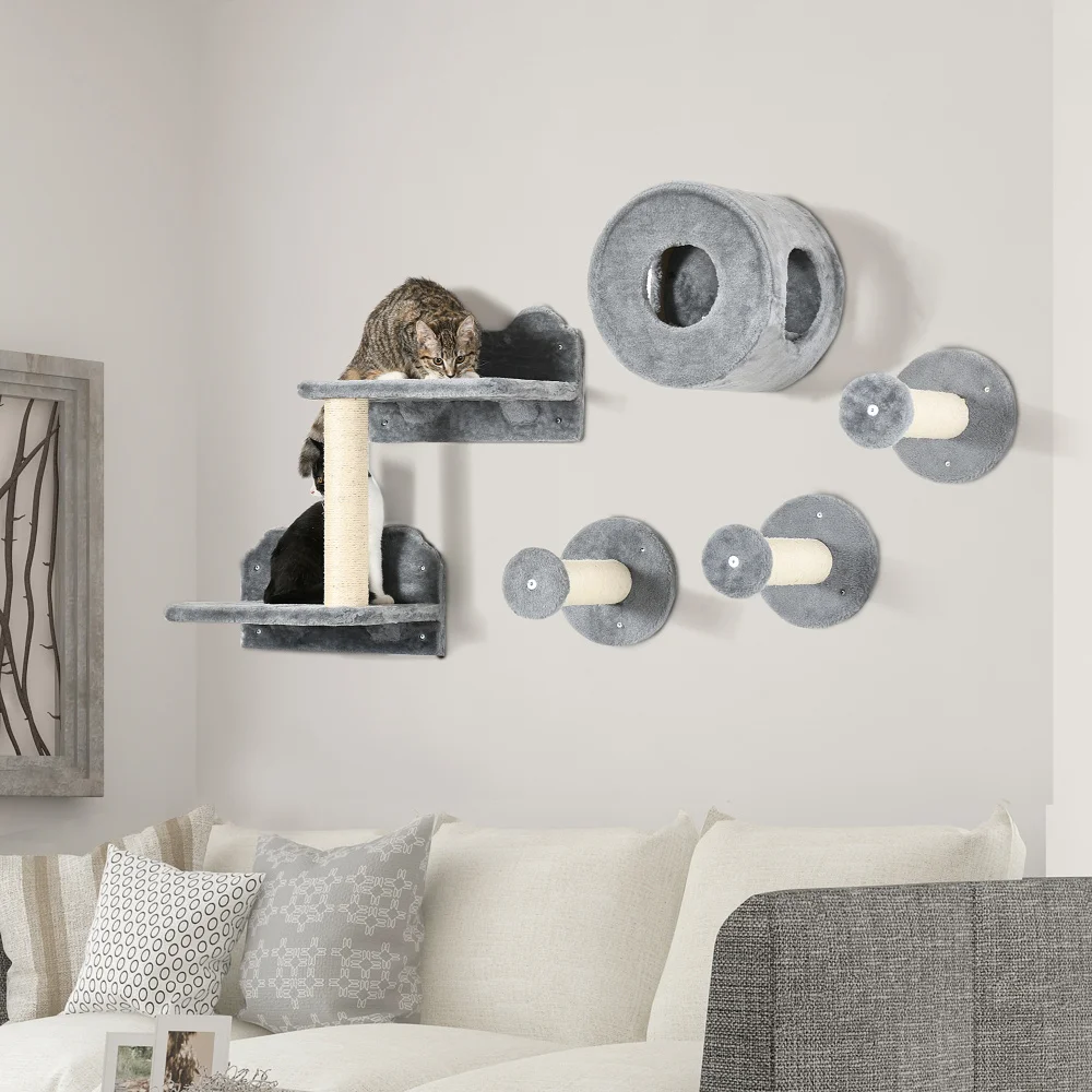 5PCs Cat Wall Shelves, Pet Wall-mounted Climbing Shelf Set, Kitten Activity Center with Condo, Cushion, Scratching Post, Jumping 2