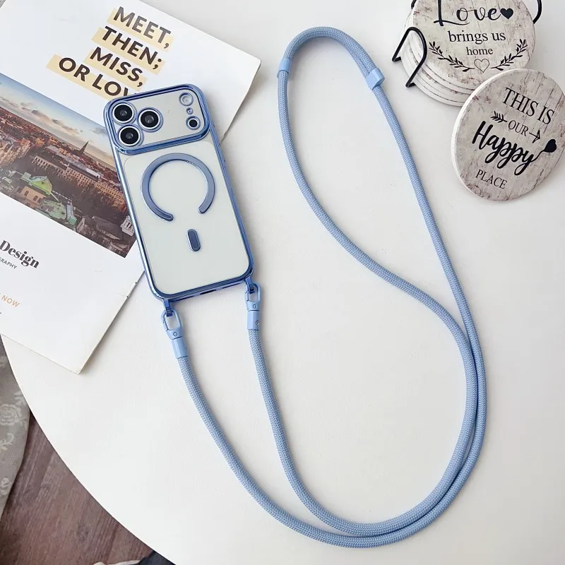 Magnetische Handyhülle mit Trageband für iPhone 17 Pro Max 18 14 13 15 16 Plus, Original Stoßfeste Crossbody-Halsband-Hülle, Weiche Transparente Abdeckung