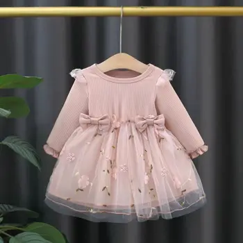 Autumn Spring Toddler Baby Dress Fashion Long Sleeve Knit Flower Embroider Baby Dress Round Neck Casual Pink Dress 1
