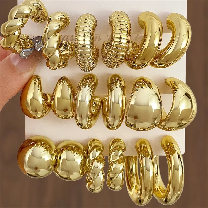 Drop Earrings Set Gold Color Twisted C Shape Tear Drop for Women Geometric Circle Jewelry Gifts