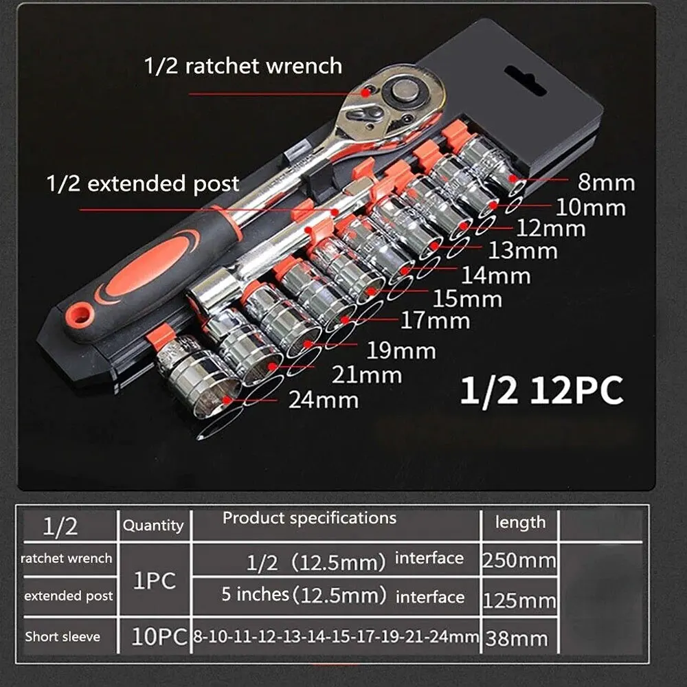 12 Pcs Ratchet Socket Wrench Kit Universal Repair Tool Multi-Function 8-32mm Wrench Home Quick Release Reversible 6