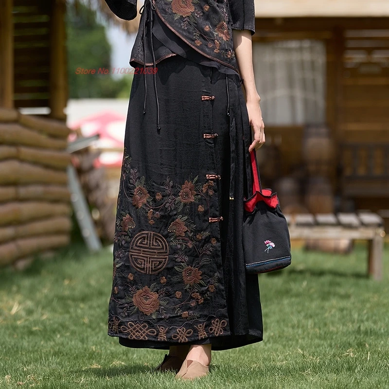 

2024 national vintage flower embroidered jacquard skirt midi skirt oriental streetwear folk improved skirt chinese ethnic skirt