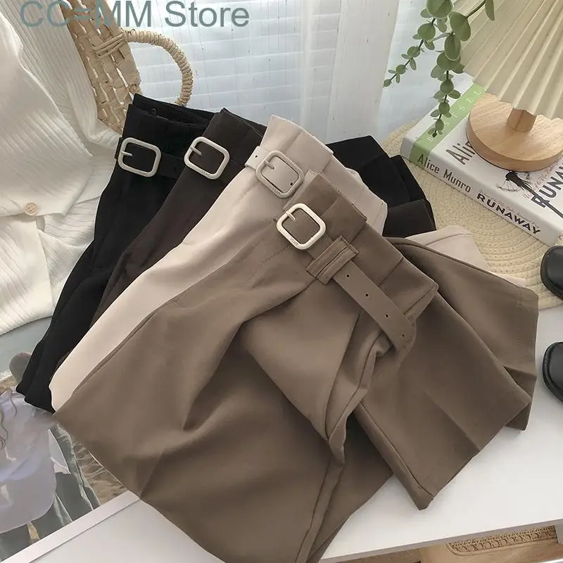 New Women Pants Suit Office Spring Summer Korean Fashion Wide Leg Ankle-Length Pants Belt High Waist Pants Streetwear