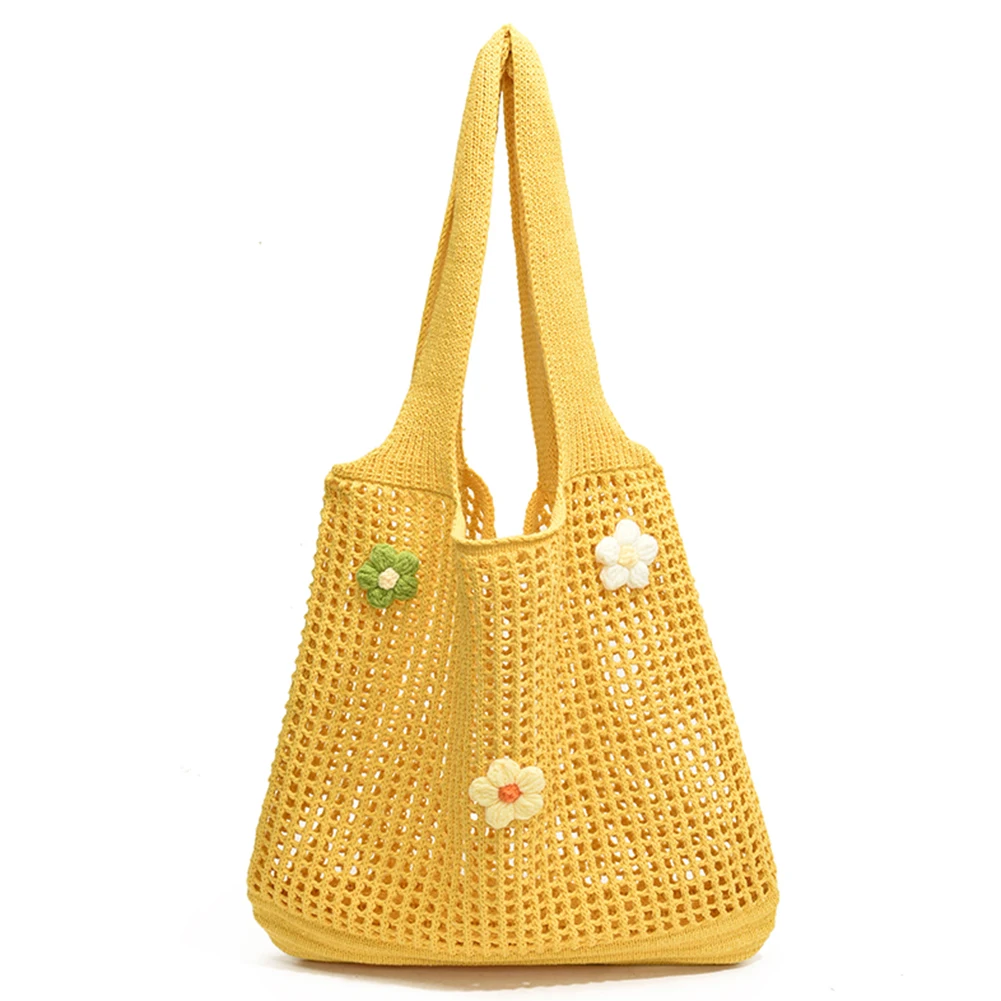 Knitted Tote Bag Woven Hobo Handbag with Flower Decor for Women