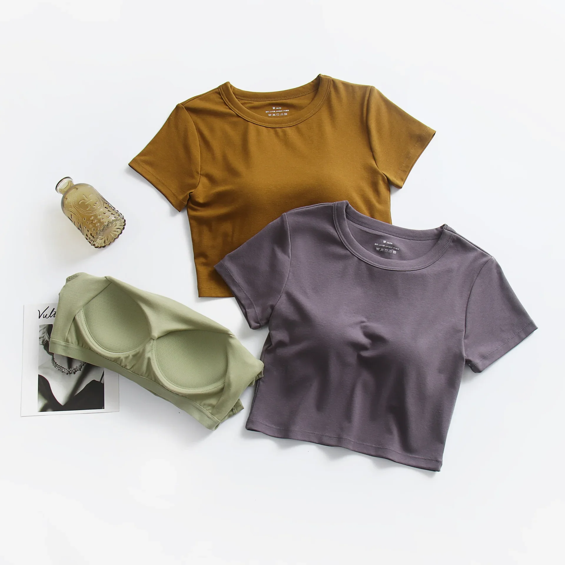 Women's Short Sleeve T-Shirt Summer Short Style with Chest Pad Mini Belly Button Exposure Small round Neck Half Sleeve Base Shir