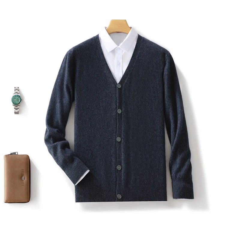 Autumn Winter 100% Pure Cashmere Wool Knit Cardigan Men's Jacket Trend V-neck High-Quality Sweater Loose Warm Men's Coat Tops 5