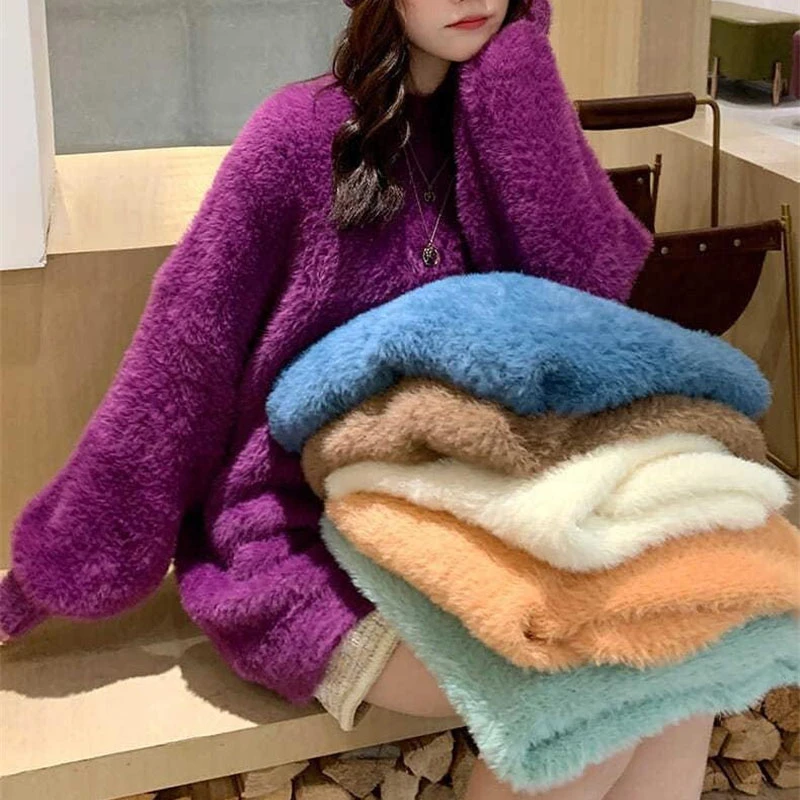 

Faux Mink Cashmere Sweater Women Autumn Winter Thickened Keep Warm Oversized Pullovers Casual Round Neck Simple Tops Elegant