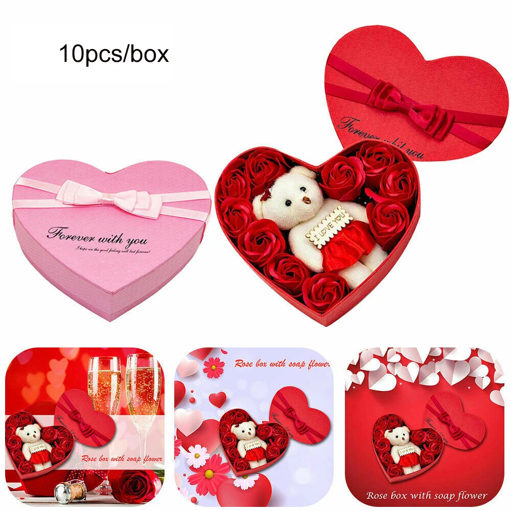 

10 Heart-Shape Soap Flower Gift Box Valentine's Day Scented Rose Petals With Bear Christmas Birthday Wedding Gift For Girlfriend