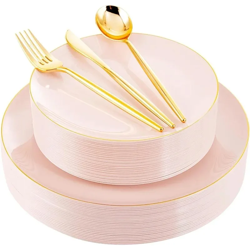 150Pcs Plastic Plates,Disposable Silverware for 30 Guests Include 30 Dinner Plates,30 Dessert Plates,90 Cutlery for Wedding