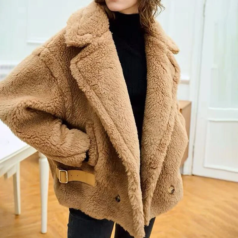 

Women Jacket Teddy Bear Coat Winter Coat Female Casual Double Breasted Real Wool Fur Oversize Ladies Alpaca Mid-length Outwears