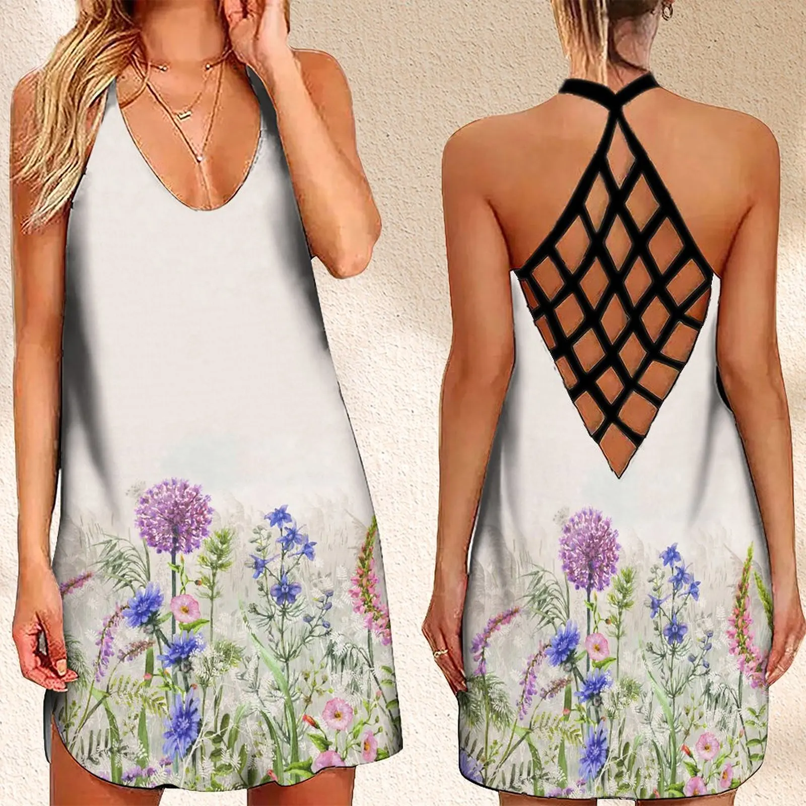 

Fashion Women's Criss Cross Backless Sleeveless Dress Flowers Print Boho Dresses for Women