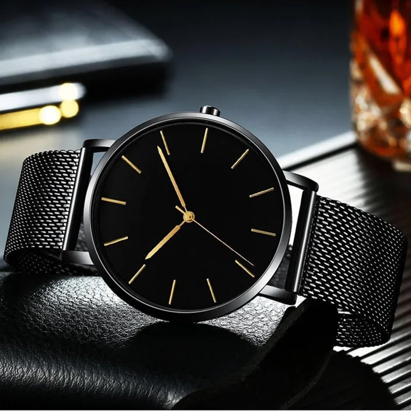 Elegant Men's Ultra Thin Quartz Watch - Black Stainless Steel Mesh, Waterproof Casual Sport Design