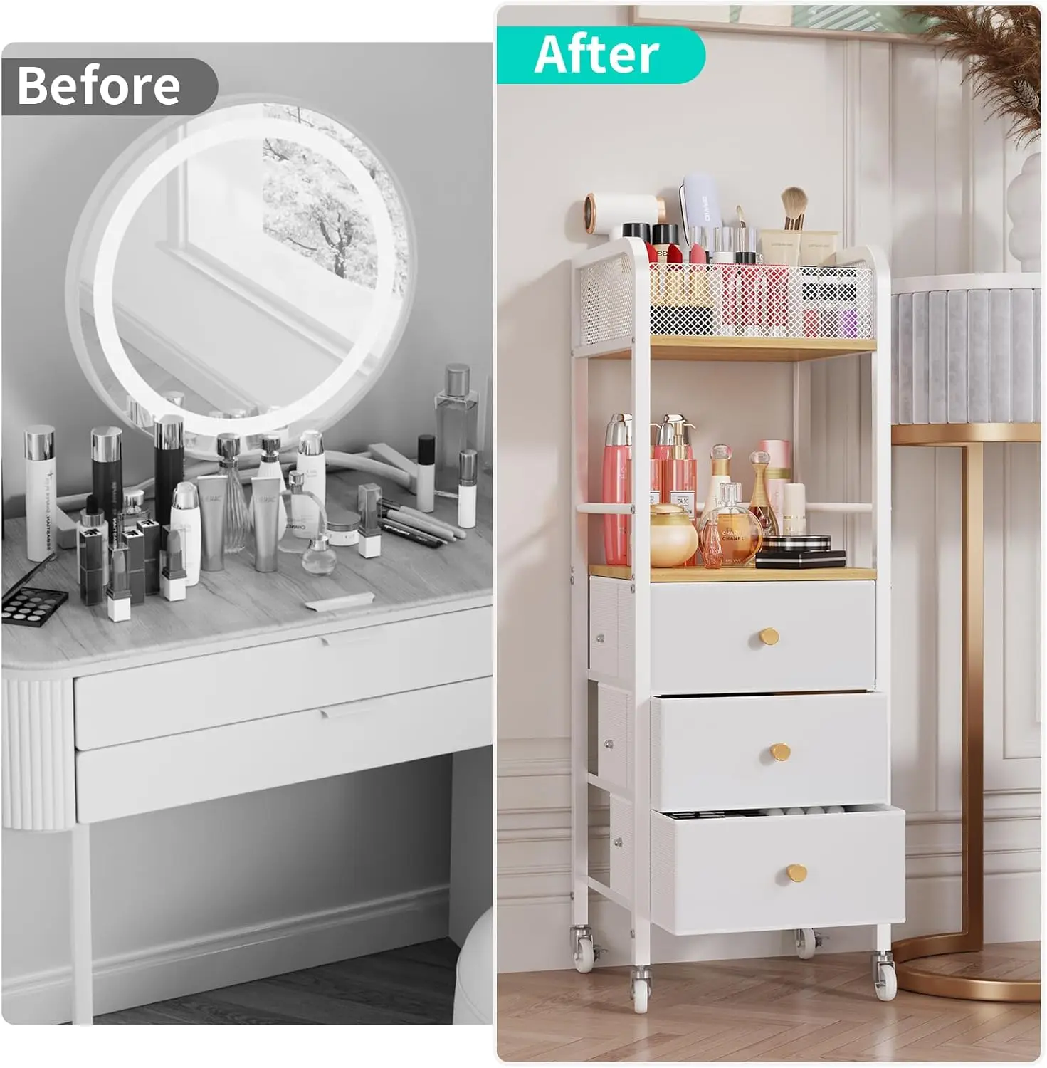 Rolling Makeup Cart Organizer - Floor Skincare Make Up Storage with 3 Drawers, Vanity Organizer Cosmetic Display Cases 2