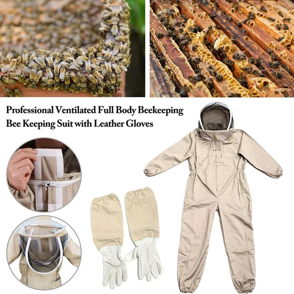 Beekeeping equipment, thickened apricot colored space suit, one-piece split bee suit, white space suit with sheepskin gloves set