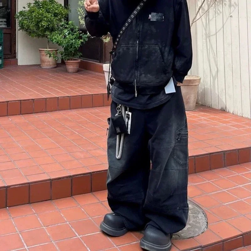 Description Picture 4 of itemHigh Street Multi-pocket Washed Black Cargo Pants for Men Wide Leg Baggy Casual Jeans Oversized Baggy Denim Trousers