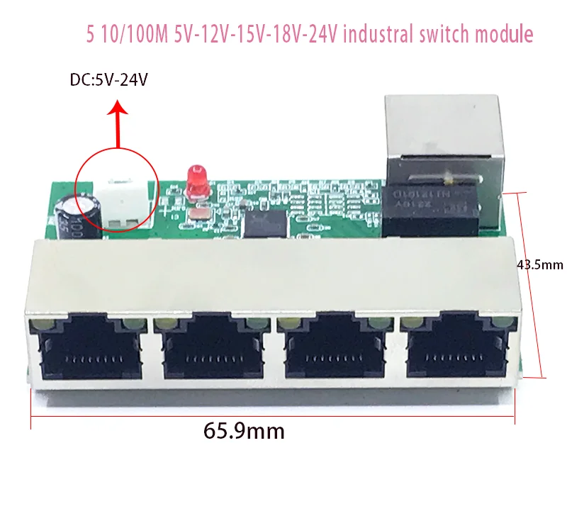 Mini PCBA 5 Ports Networkmini switch module 10/100Mbps 5V 12V